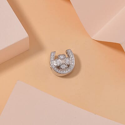 Simulated Diamond U-shaped Four Leaf Clover Charm in Rhodium Over Sterling Silver