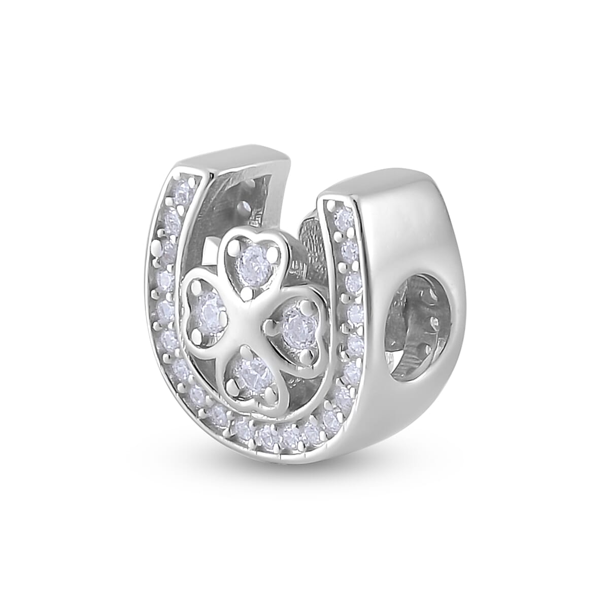 Simulated Diamond U-shaped Four Leaf Clover Charm in Rhodium Over Sterling Silver