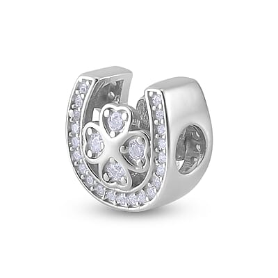 Simulated Diamond U-shaped Four Leaf Clover Charm in Rhodium Over Sterling Silver