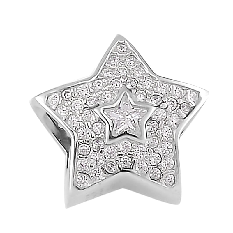 Simulated Diamond Star Charm in Rhodium Over Sterling Silver