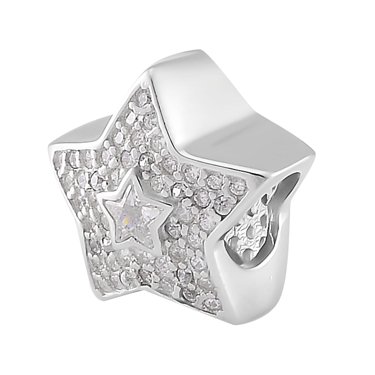 Simulated Diamond Star Charm in Rhodium Over Sterling Silver
