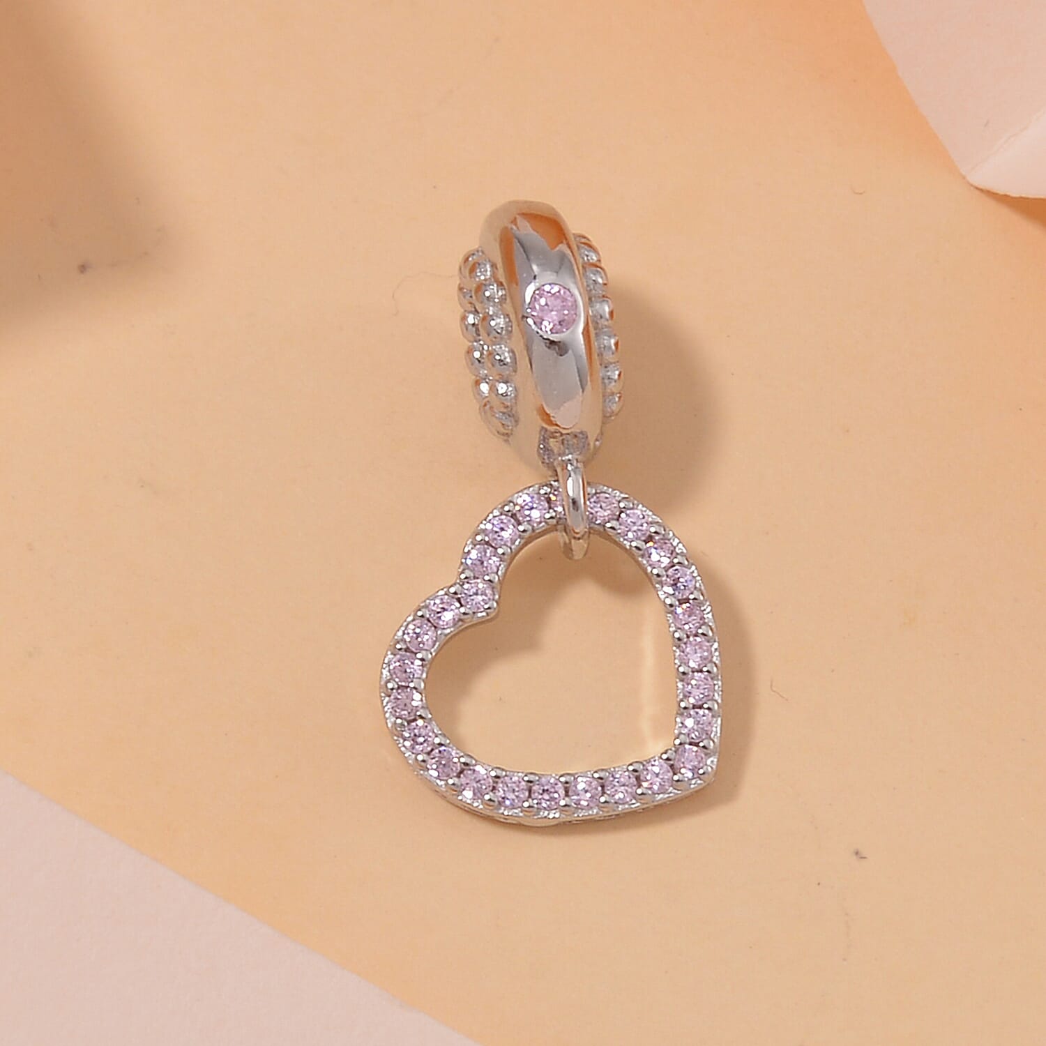 Simulated Pink Diamond Heart Charm in Rhodium Over Sterling Silver