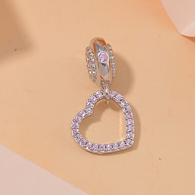 Simulated Pink Diamond Heart Charm in Rhodium Over Sterling Silver