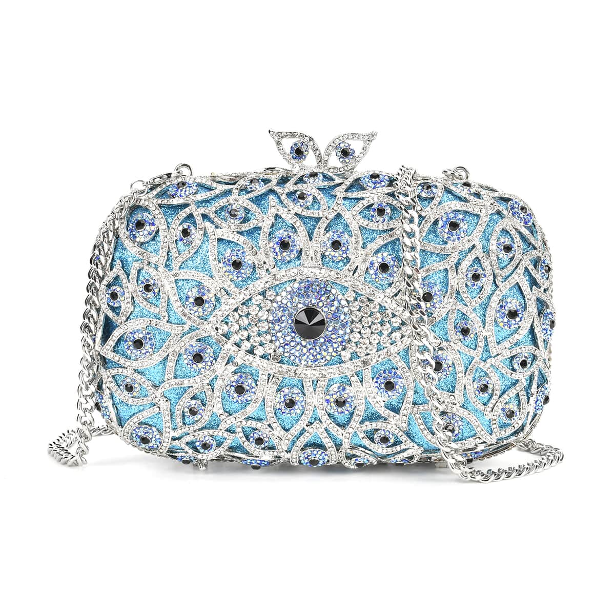 Crystellia Designer Premium Austrian Crystal, Blue Evil Eye Crystal Clutch with Silver Faux Leather Lining, Short Snake Chain image number 0