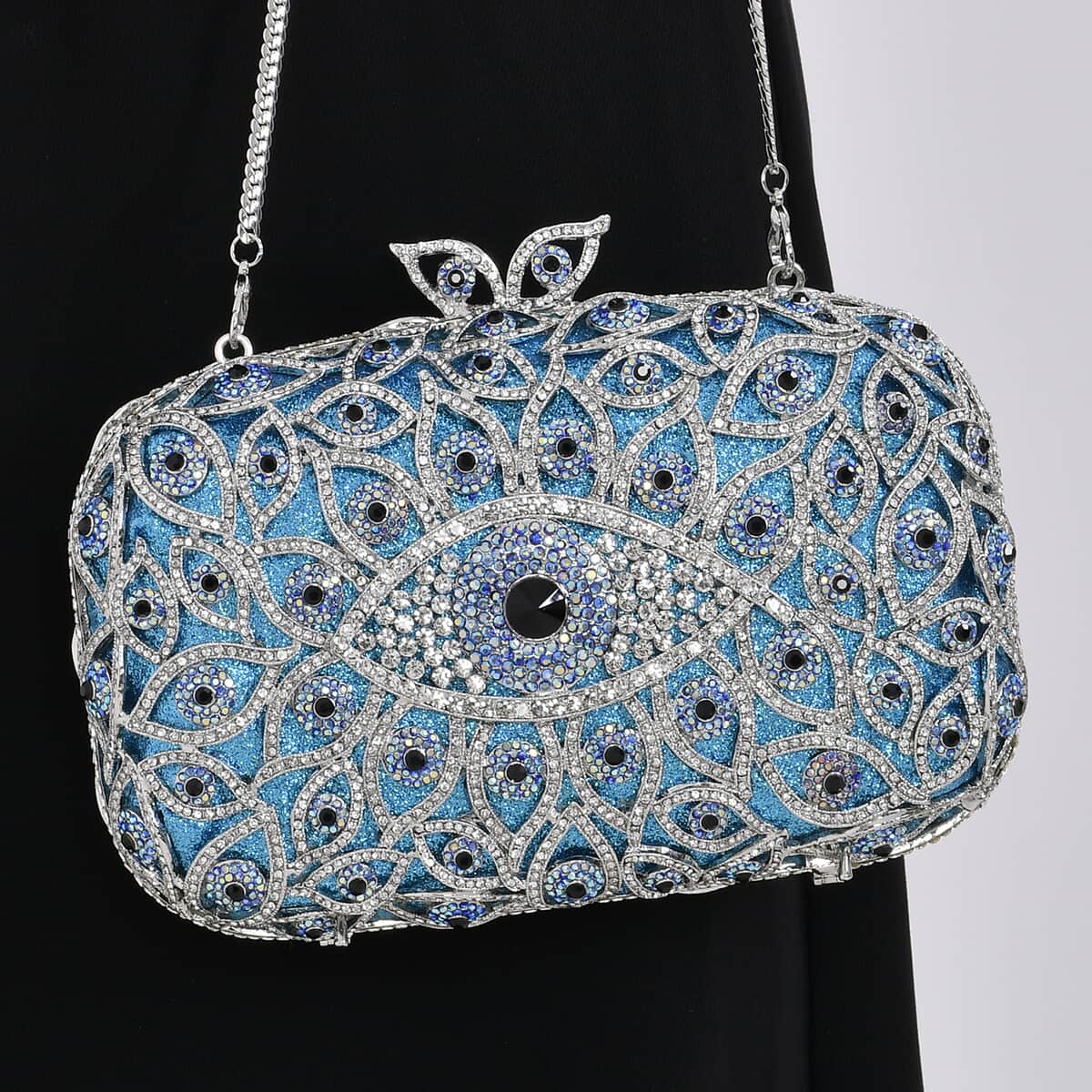 Crystellia Designer Premium Austrian Crystal, Blue Evil Eye Crystal Clutch with Silver Faux Leather Lining, Short Snake Chain image number 2