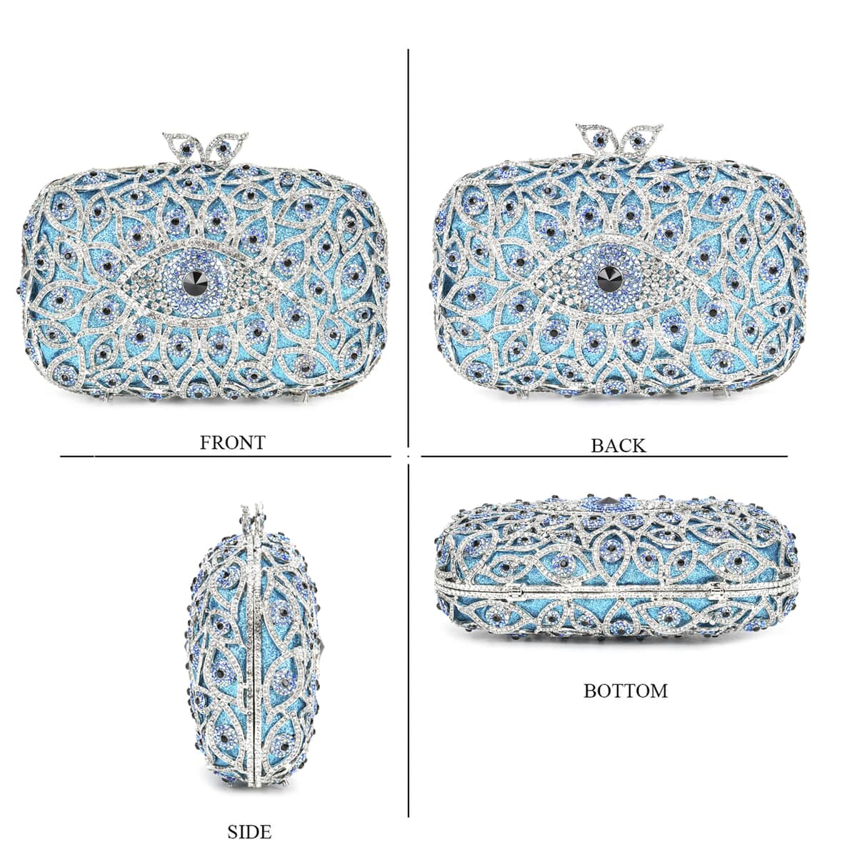 Crystellia Designer Premium Austrian Crystal, Blue Evil Eye Crystal Clutch with Silver Faux Leather Lining, Short Snake Chain image number 3