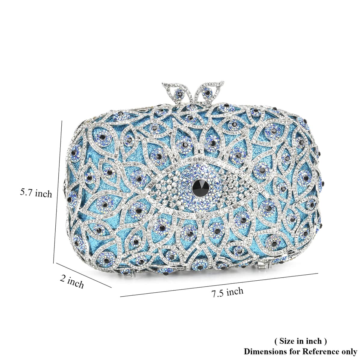 Crystellia Designer Premium Austrian Crystal, Blue Evil Eye Crystal Clutch with Silver Faux Leather Lining, Short Snake Chain image number 5