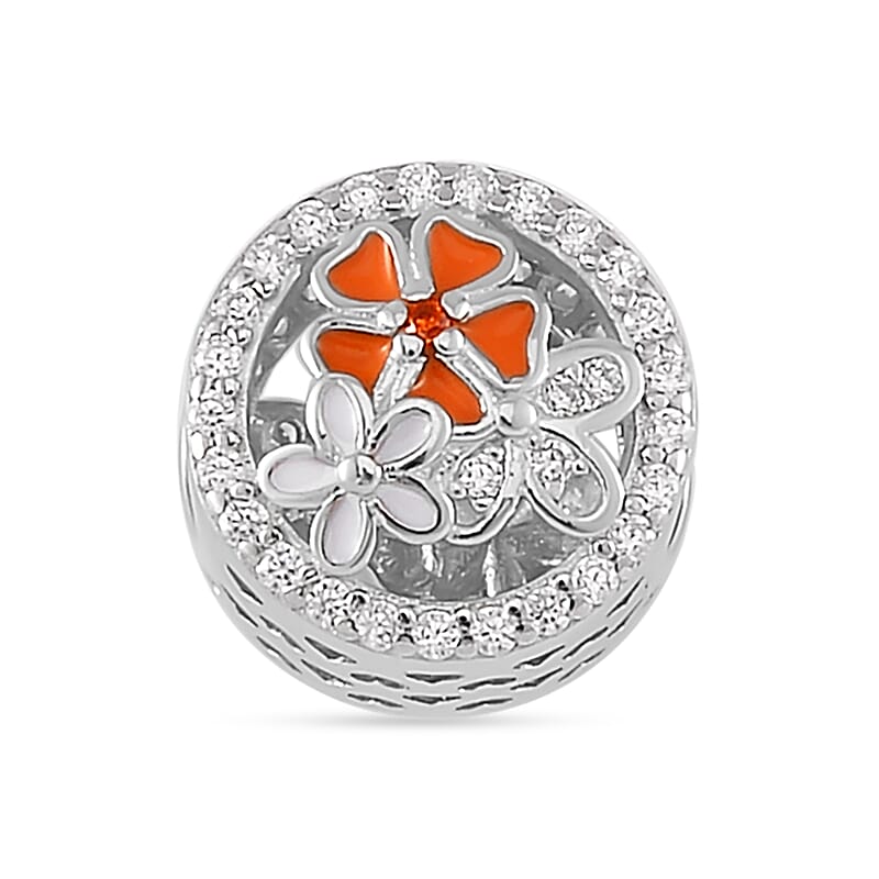 Simulated Diamond and Enameled Charm in Rhodium Over Sterling Silver