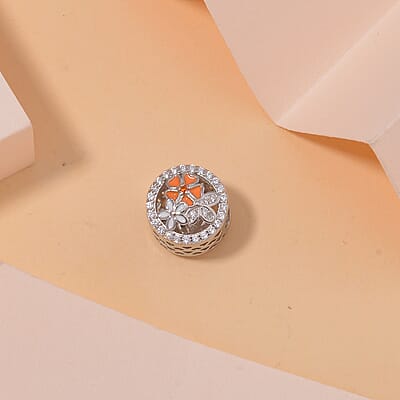 Simulated Diamond and Enameled Charm in Rhodium Over Sterling Silver