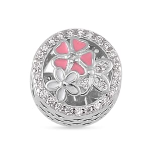 Simulated Diamond and Enameled Charm in Rhodium Over Sterling Silver
