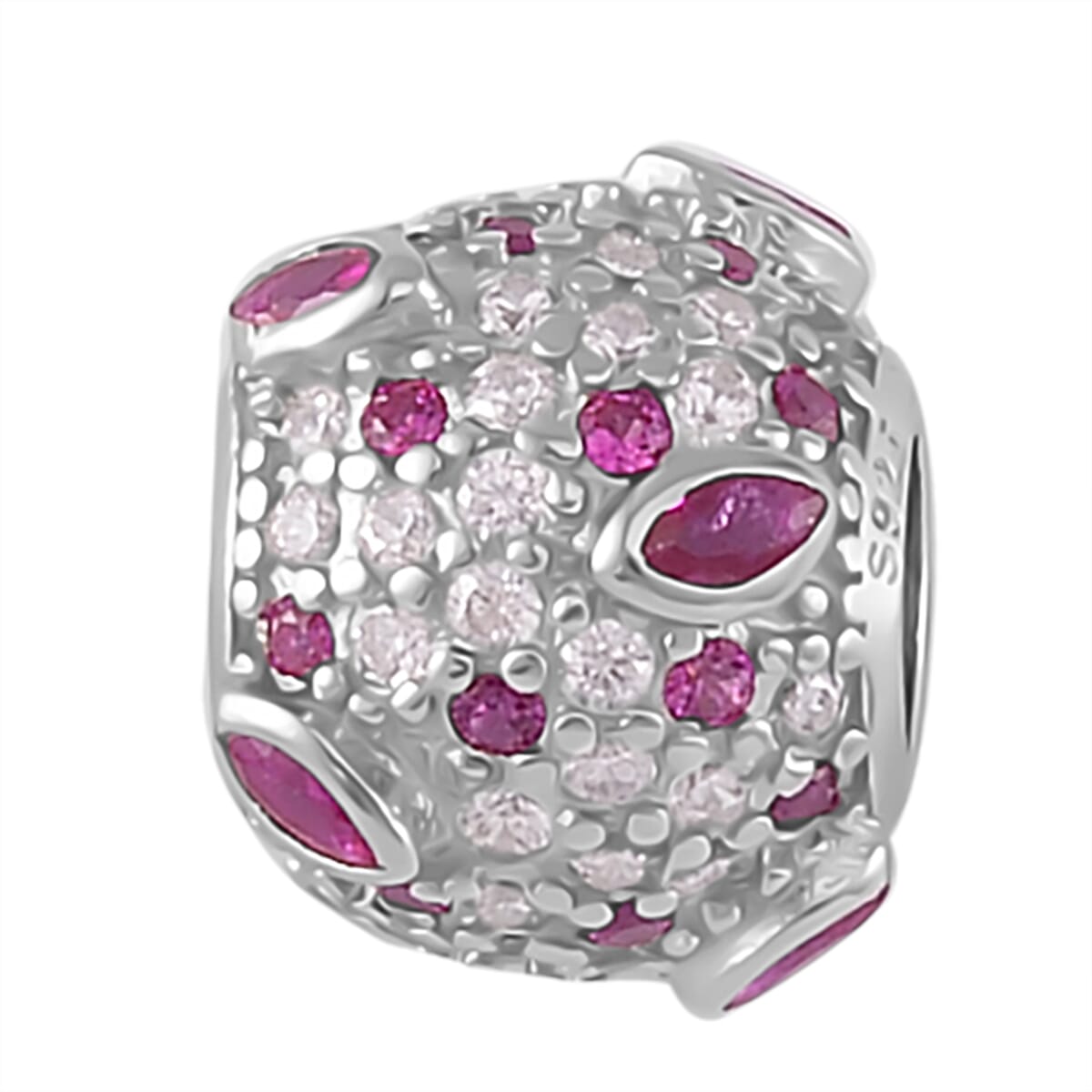Simulated Ruby and Pink Color Diamond Charm in Rhodium Over Sterling Silver image number 0