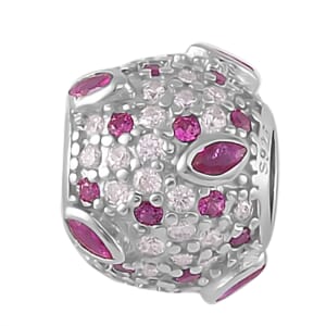 Simulated Ruby and Pink Color Diamond Charm in Rhodium Over Sterling Silver