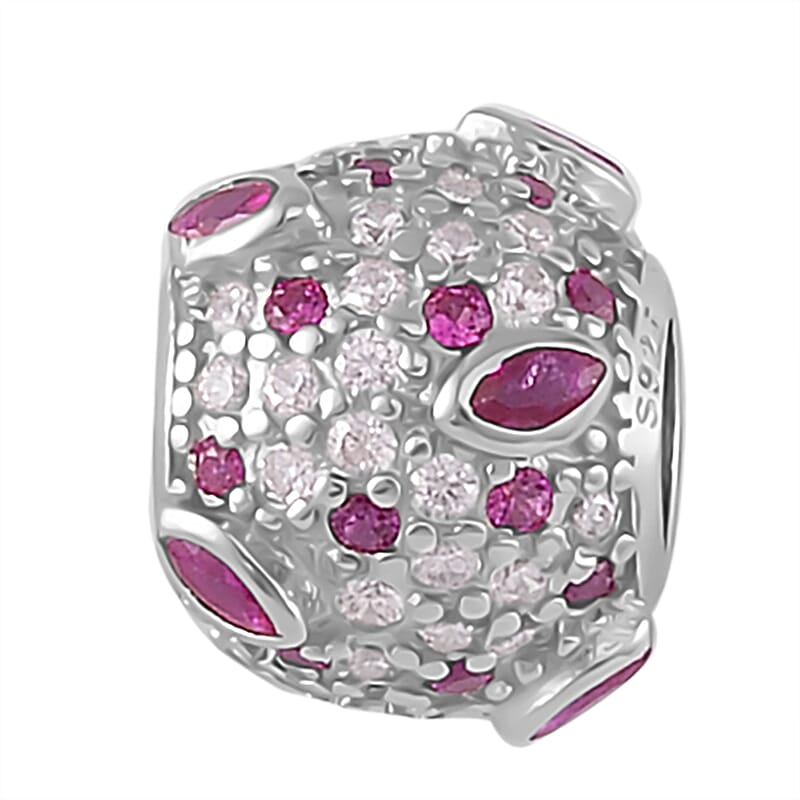 Simulated Ruby and Pink Color Diamond Charm in Rhodium Over Sterling Silver