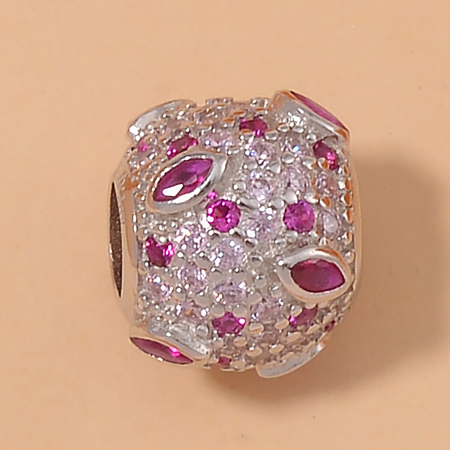 Simulated Ruby and Pink Color Diamond Charm in Rhodium Over Sterling Silver