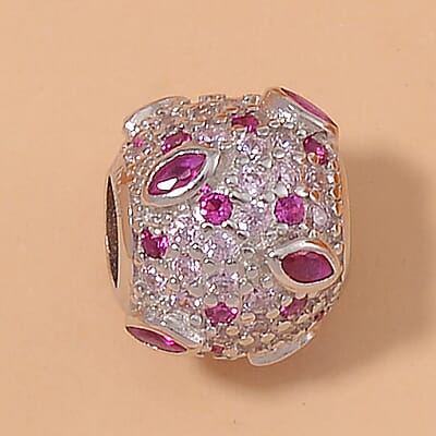 Simulated Ruby and Pink Color Diamond Charm in Rhodium Over Sterling Silver