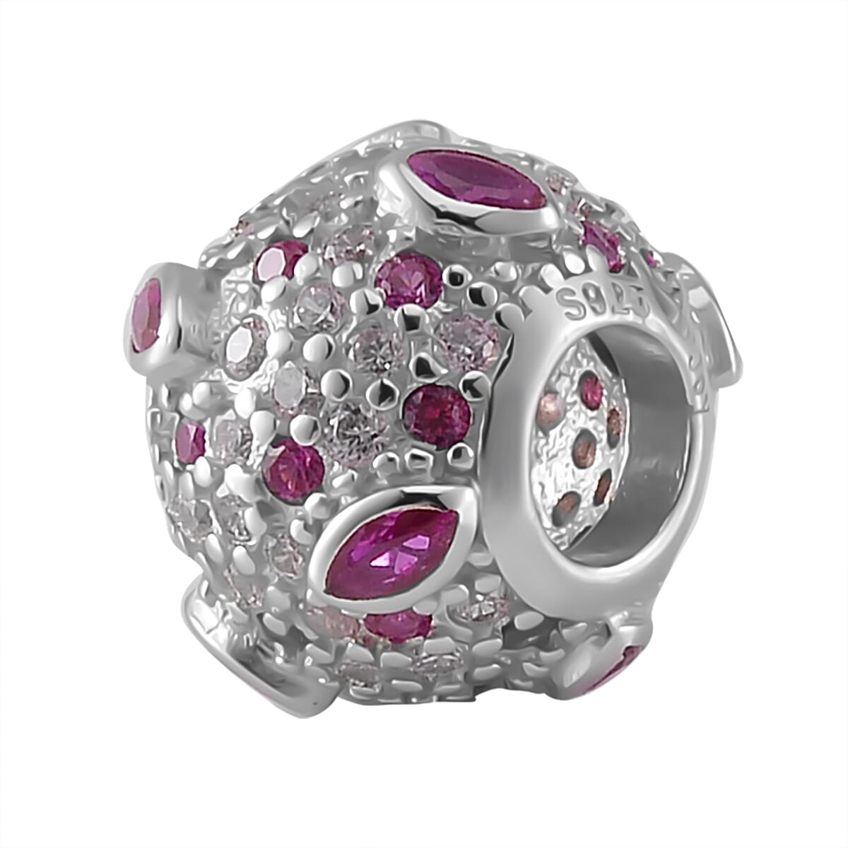 Simulated Ruby and Pink Color Diamond Charm in Rhodium Over Sterling Silver
