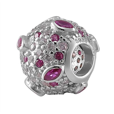 Simulated Ruby and Pink Color Diamond Charm in Rhodium Over Sterling Silver