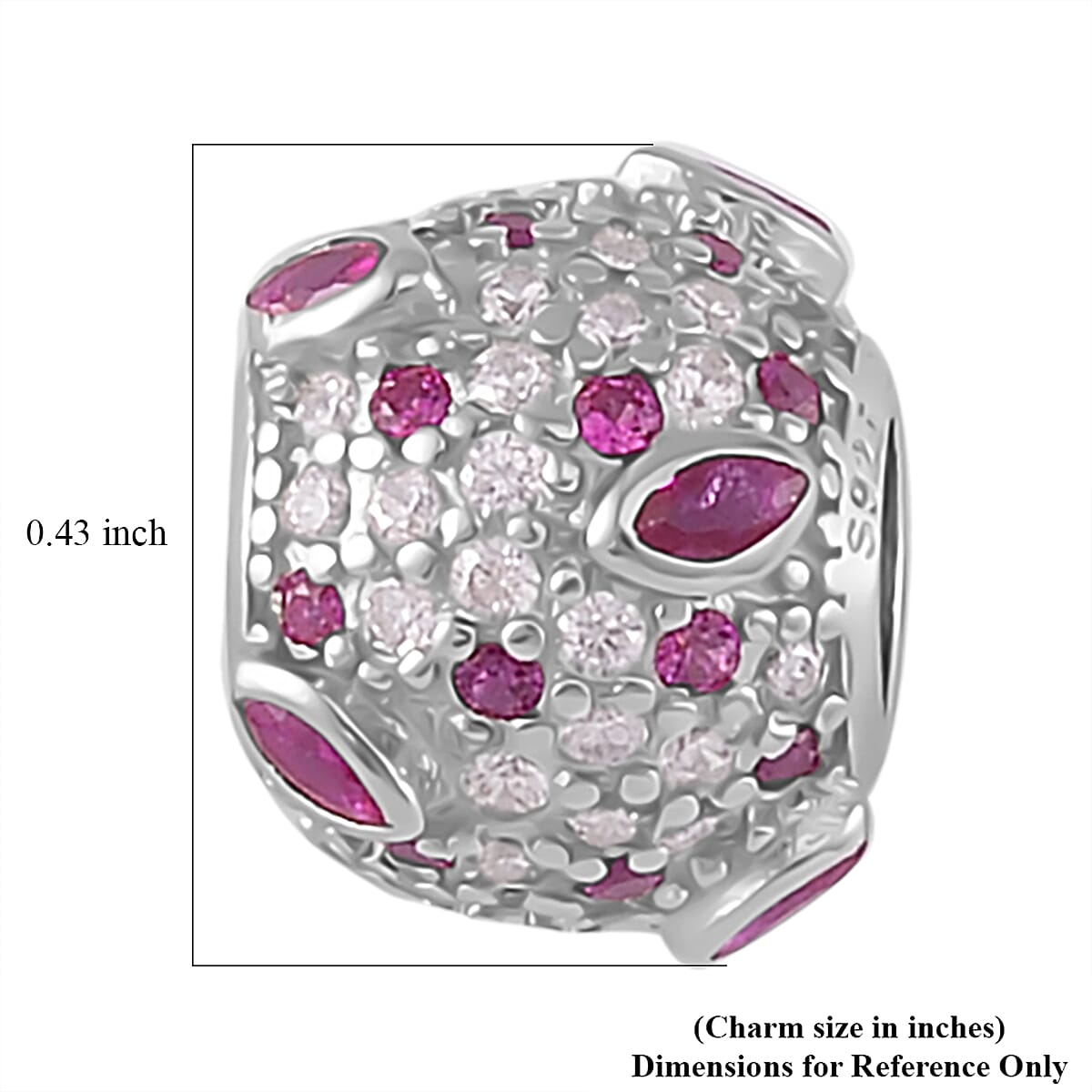 Simulated Ruby and Pink Color Diamond Charm in Rhodium Over Sterling Silver