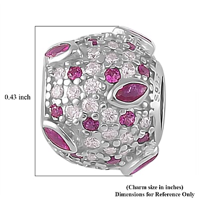 Simulated Ruby and Pink Color Diamond Charm in Rhodium Over Sterling Silver