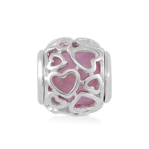 Pink Color Murano Glass Glaze Bead Charm in Rhodium Over Sterling Silver