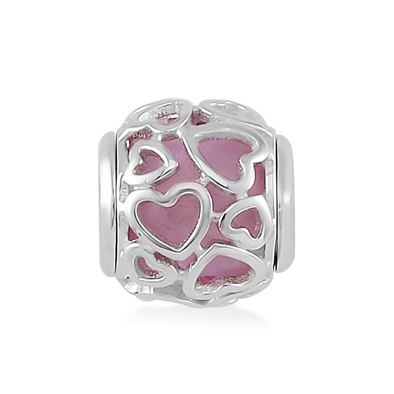 Pink Color Murano Glass Glaze Bead Charm in Rhodium Over Sterling Silver