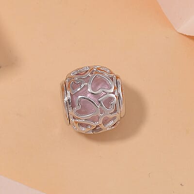 Pink Color Murano Glass Glaze Bead Charm in Rhodium Over Sterling Silver