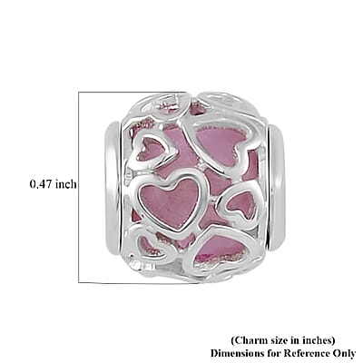 Pink Color Murano Glass Glaze Bead Charm in Rhodium Over Sterling Silver