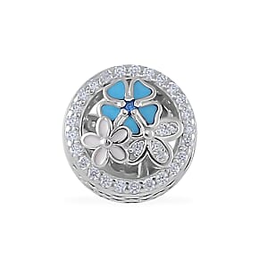 Simulated Diamond and Enameled Charm in Rhodium Over Sterling Silver