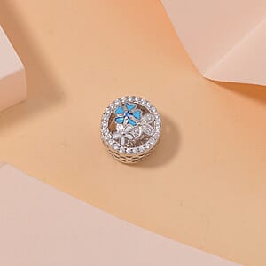 Simulated Diamond and Enameled Charm in Rhodium Over Sterling Silver