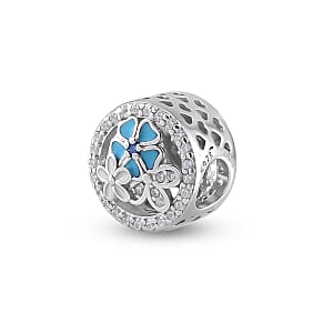 Simulated Diamond and Enameled Charm in Rhodium Over Sterling Silver