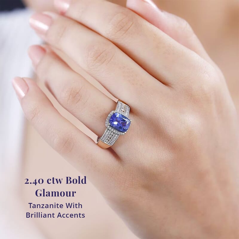 Luxoro Premium Tanzanite and G-H I2 Diamond 2.40 ctw Cocktail Ring in 14K Yellow Gold (Size 6.0)