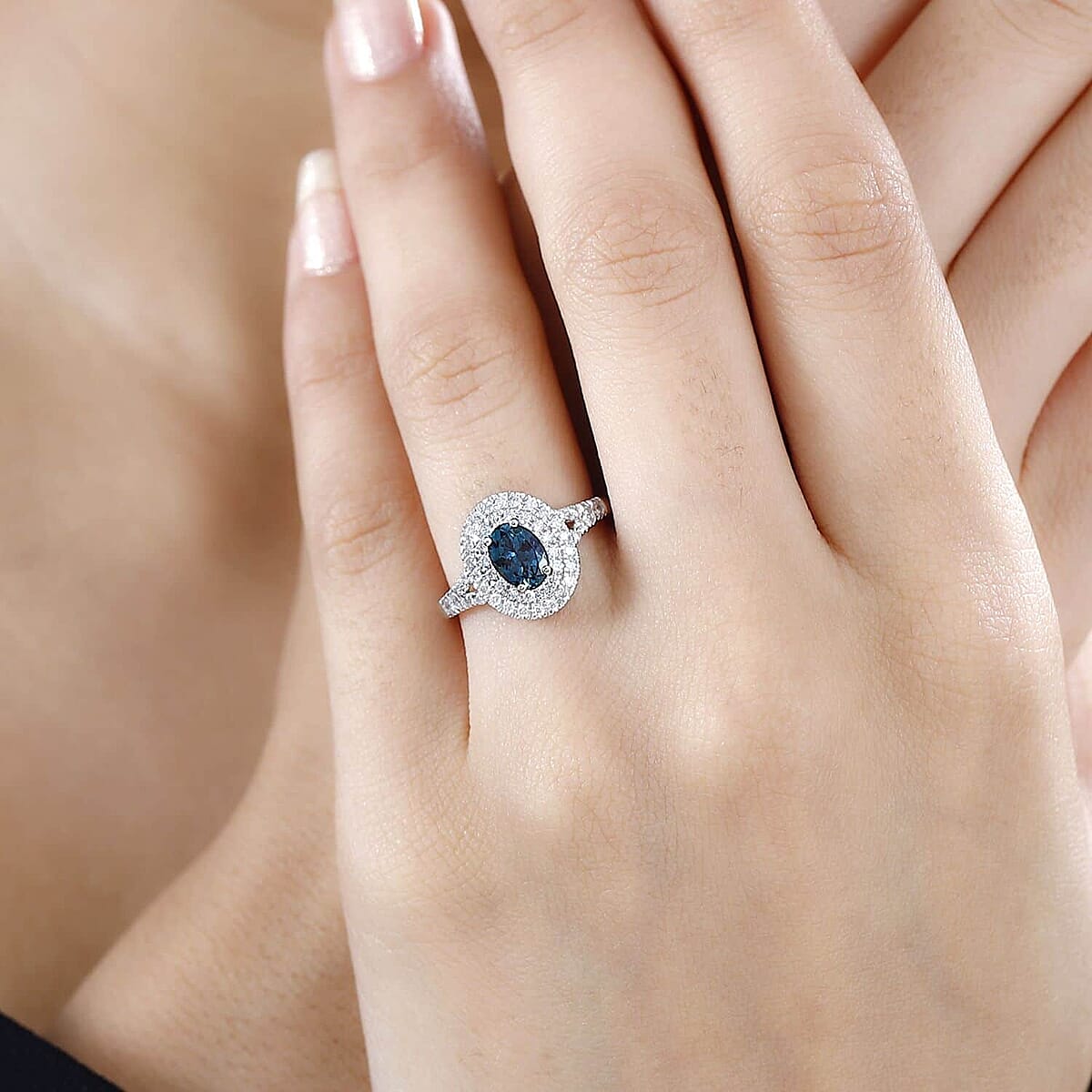 Luxoro 14K White Gold AAAA Monte Belo Indicolite and G-H I2 Diamond Double Halo Ring (Size 7.5) 1.30 ctw image number 2