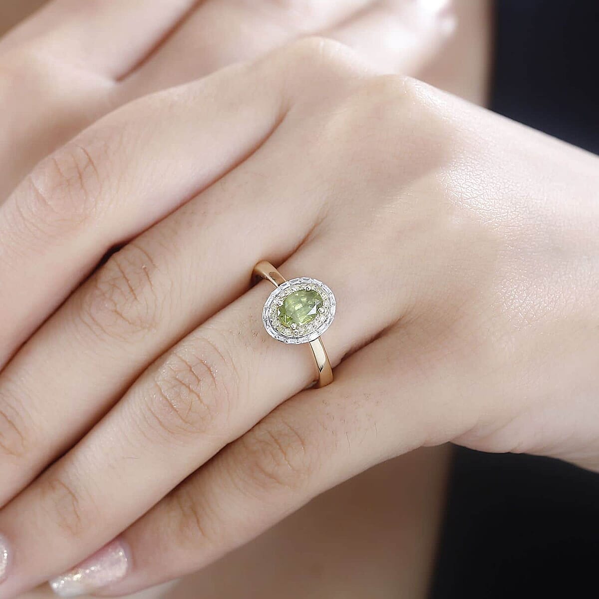 Luxoro 10K Yellow Gold AAA Sphene, I2-I3 Natural Yellow and White Diamond Double Halo Ring (Size 8.5) 1.15 ctw image number 2