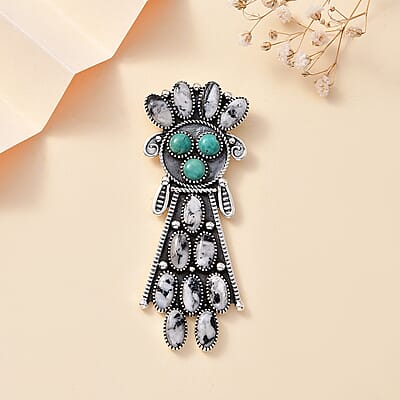 Artisan Crafted White Buffalo and Sierra Nevada Turquoise 17.35 ctw Kachina DollPendant without Chain in Sterling Silver