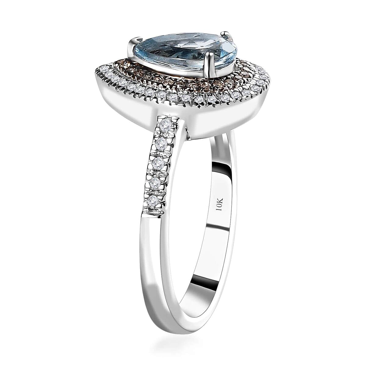 Luxoro 10K White Gold Premium Santa Maria Aquamarine, Natural Champagne and White Diamond I2-I3 Double Halo Ring (Size 10.5) 1.40 ctw image number 3