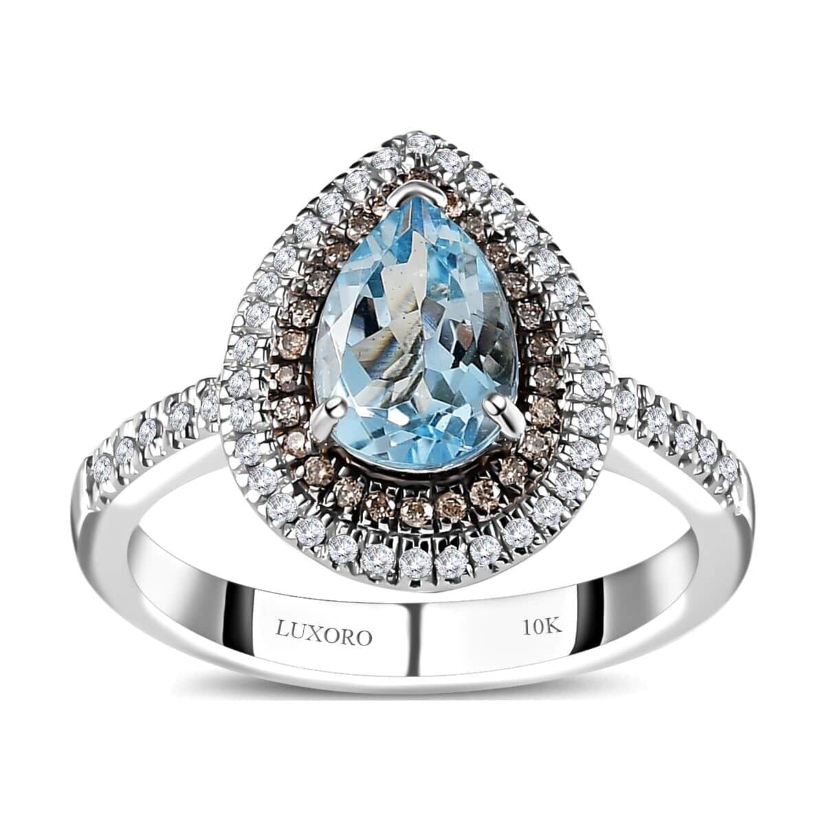 Luxoro 10K White Gold Premium Santa Maria Aquamarine, Natural Champagne and White Diamond I2-I3 Double Halo Ring (Size 11.0) 1.40 ctw image number 0
