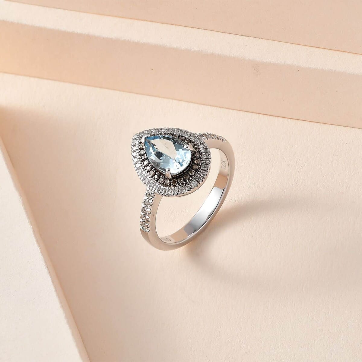 Luxoro 10K White Gold Premium Santa Maria Aquamarine, Natural Champagne and White Diamond I2-I3 Double Halo Ring (Size 11.0) 1.40 ctw image number 1