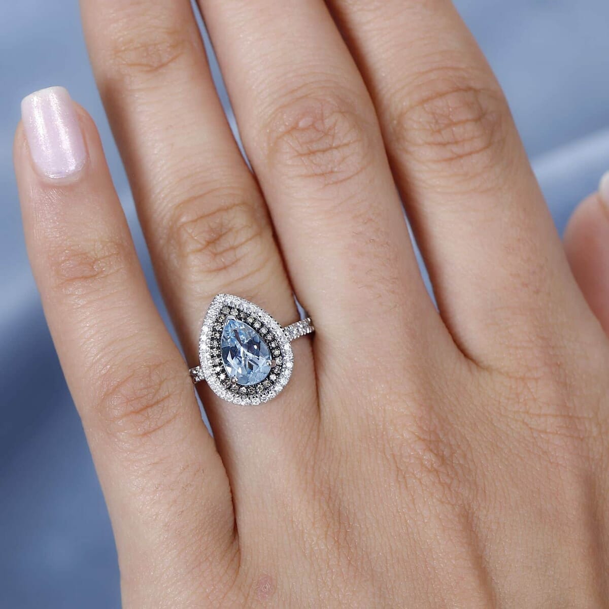 Luxoro 10K White Gold Premium Santa Maria Aquamarine, Natural Champagne and White Diamond I2-I3 Double Halo Ring (Size 11.0) 1.40 ctw image number 2