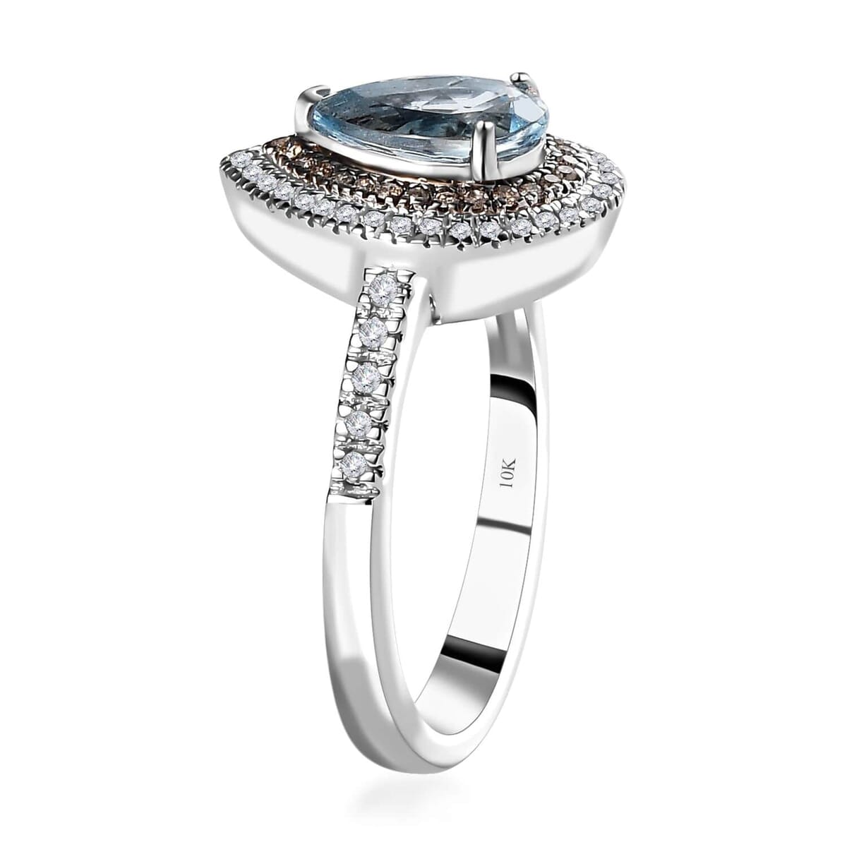 Luxoro 10K White Gold Premium Santa Maria Aquamarine, Natural Champagne and White Diamond I2-I3 Double Halo Ring (Size 11.0) 1.40 ctw image number 3