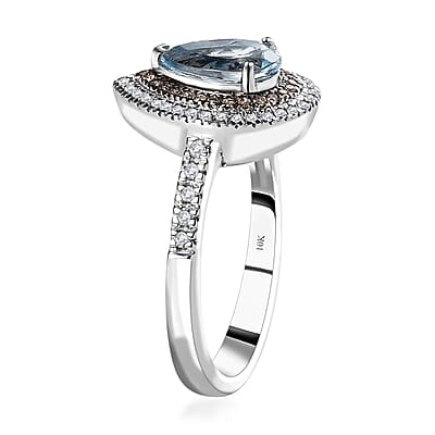 Luxoro 10K White Gold Premium Santa Maria Aquamarine, Natural Champagne and White Diamond I2-I3 Double Halo Ring (Size 11.0) 1.40 ctw