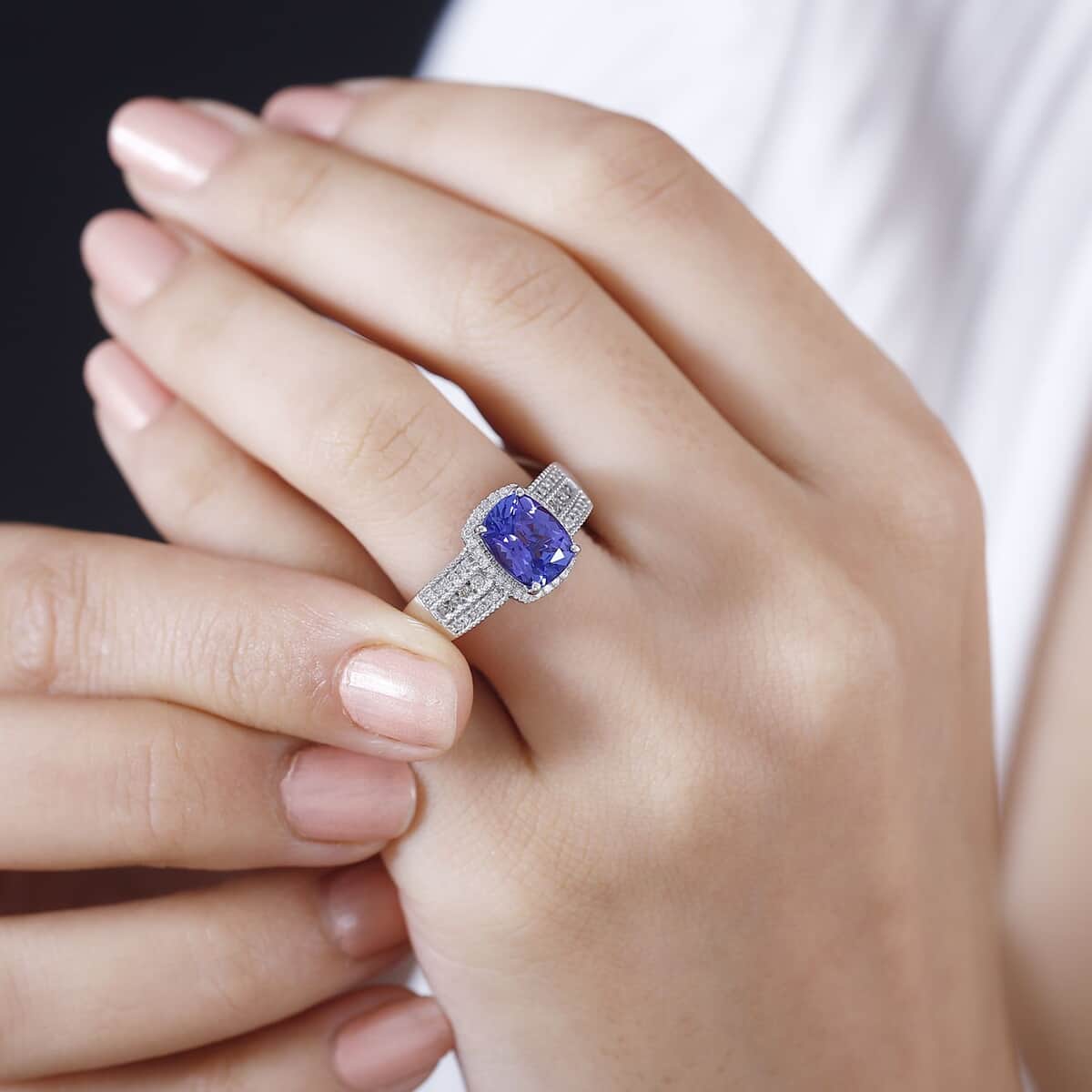 Luxoro Premium Tanzanite and G-H I2 Diamond 2.40 ctw Cocktail Ring in 14K White Gold (Size 9.0) image number 2