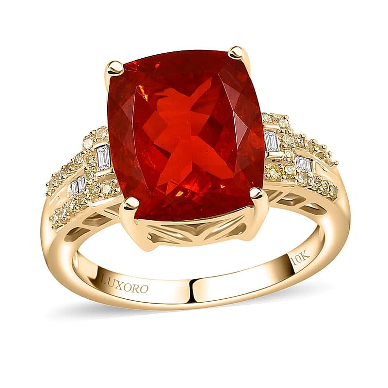 Luxoro 10K Yellow Gold AAA Crimson Fire Opal, I2 Natural Yellow and White Diamond Ring (Size 5.0) 4 Grams 4.00 ctw