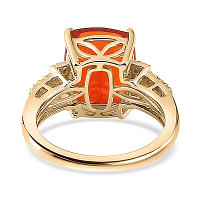 Luxoro 10K Yellow Gold AAA Crimson Fire Opal, I2 Natural Yellow and White Diamond Ring (Size 5.0) 4 Grams 4.00 ctw