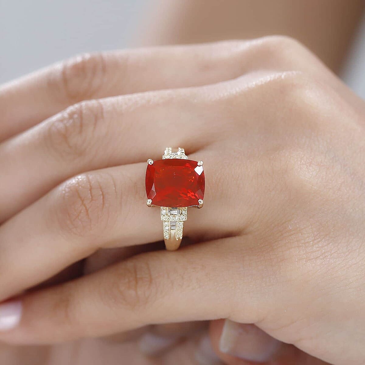 Luxoro 10K Yellow Gold AAA Crimson Fire Opal, I2 Natural Yellow and White Diamond Ring (Size 10.0) 4 Grams 4.00 ctw image number 2