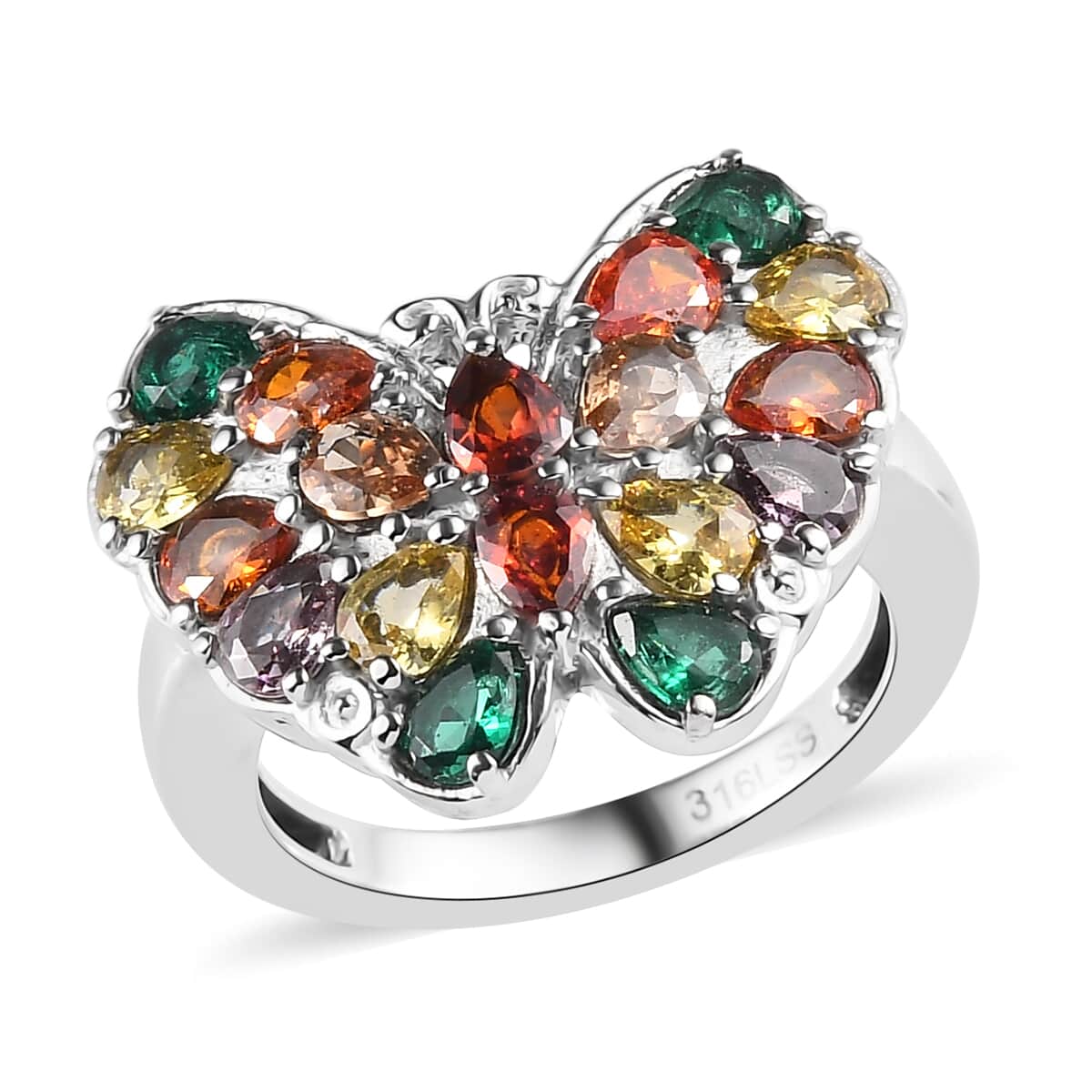 Simulated Multi Color Diamond 3.40 ctw Butterfly Ring in Stainless Steel (Size 10.0)  image number 0