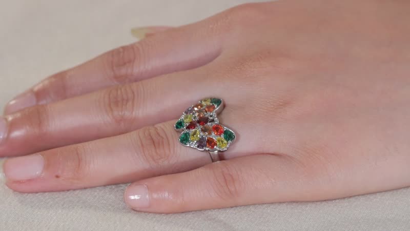 Simulated Multi Color Diamond Butterfly Ring in Stainless Steel (Size 10.0) 3.40 ctw