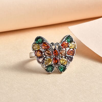 Simulated Multi Color Diamond 3.40 ctw Butterfly Ring in Stainless Steel (Size 10.0) 