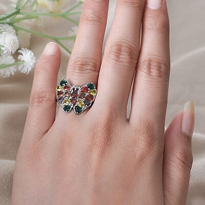 Simulated Multi Color Diamond 3.40 ctw Butterfly Ring in Stainless Steel (Size 10.0) 