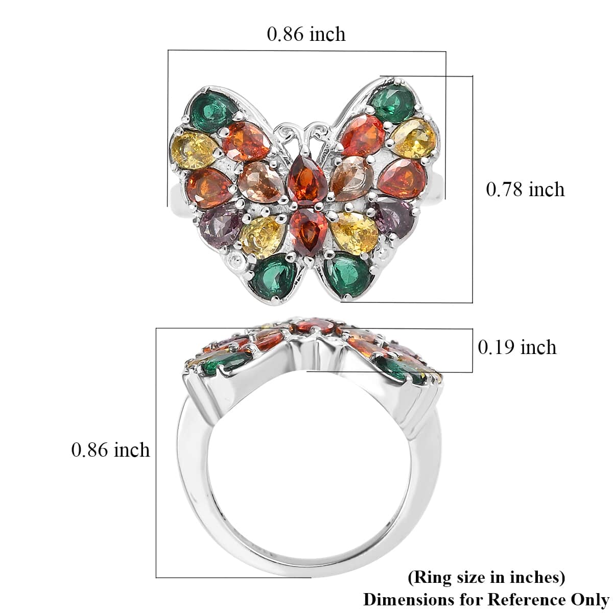 Simulated Multi Color Diamond 3.40 ctw Butterfly Ring in Stainless Steel (Size 10.0)  image number 5