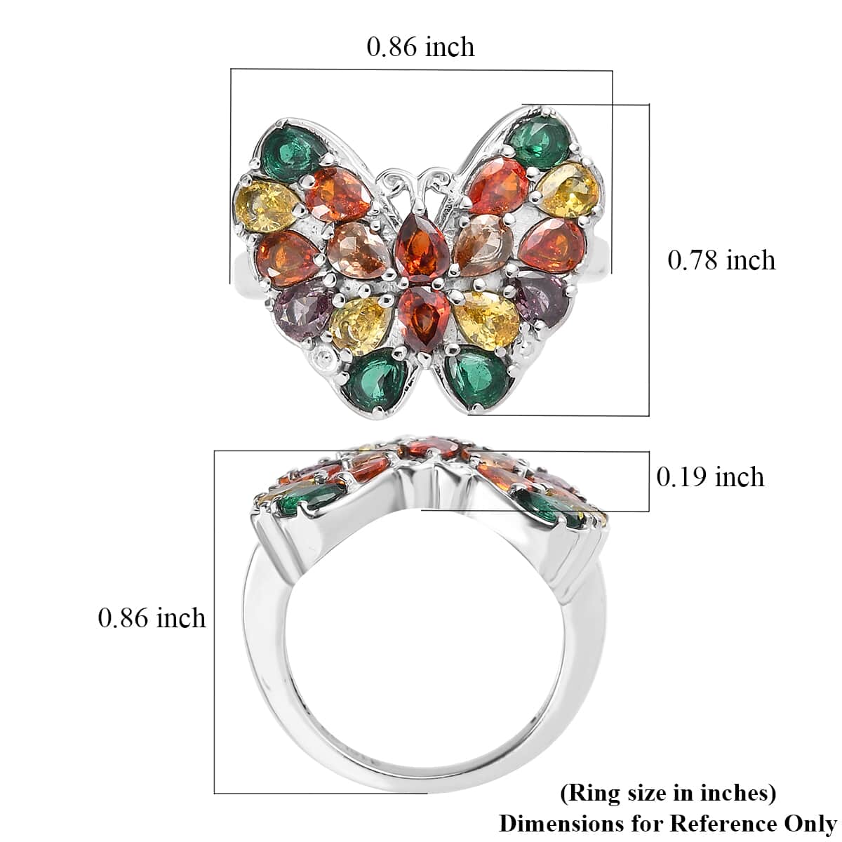 Simulated Multi Color Diamond 3.40 ctw Butterfly Ring in Stainless Steel (Size 6.0)  image number 5